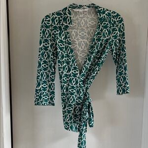 Diane Von Furstenberg Vintage Green and White Wrap Jill Top
